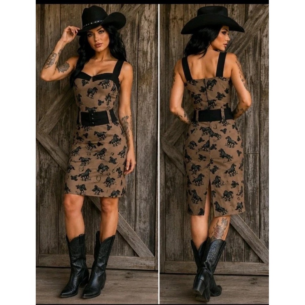 NEW Switchblade Stiletto Horse Sheath Dress Large Tan Black Pinup Western Retro